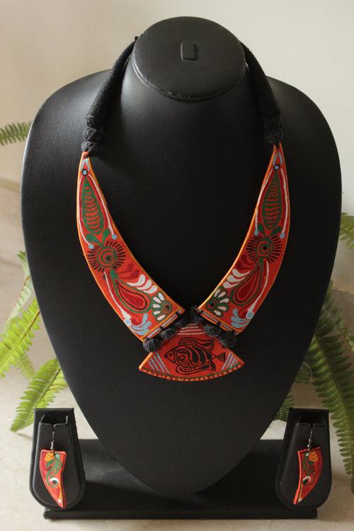 Hand Painted Fabric Adjustable Length Choker Necklace Set