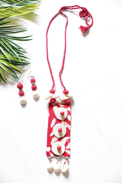 Red Fabric and Shells Handmade Necklace Set