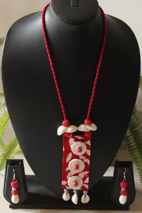 Red Fabric and Shells Handmade Necklace Set