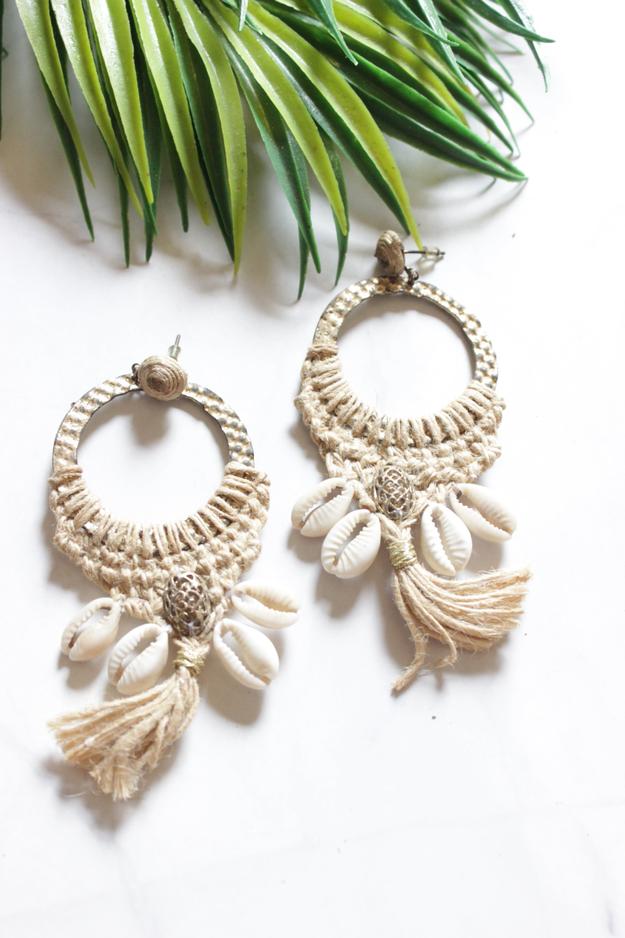 Handmade Jute and Shell Hoop Earrings