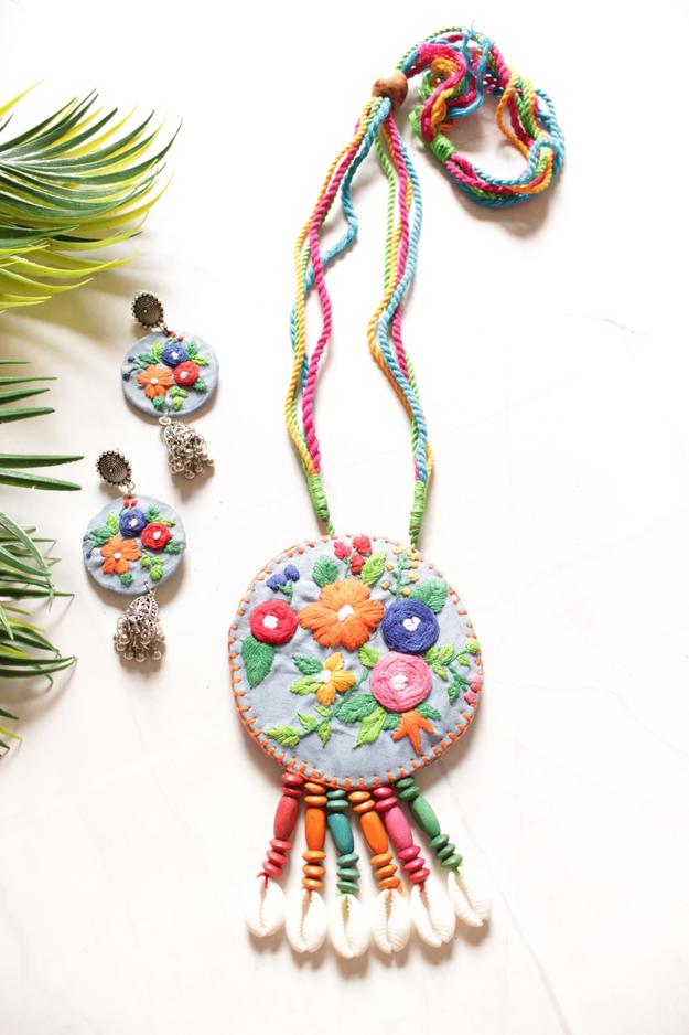 Hand Embroidered Adjustable Length Fabric Necklace Set