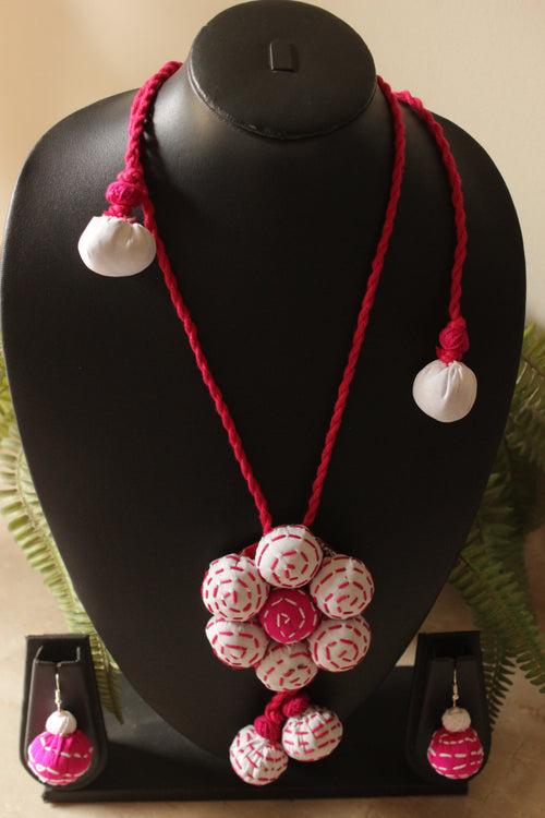 White and Pink Fabric Kantha Embroidered Flower Thread Closure Necklace Set