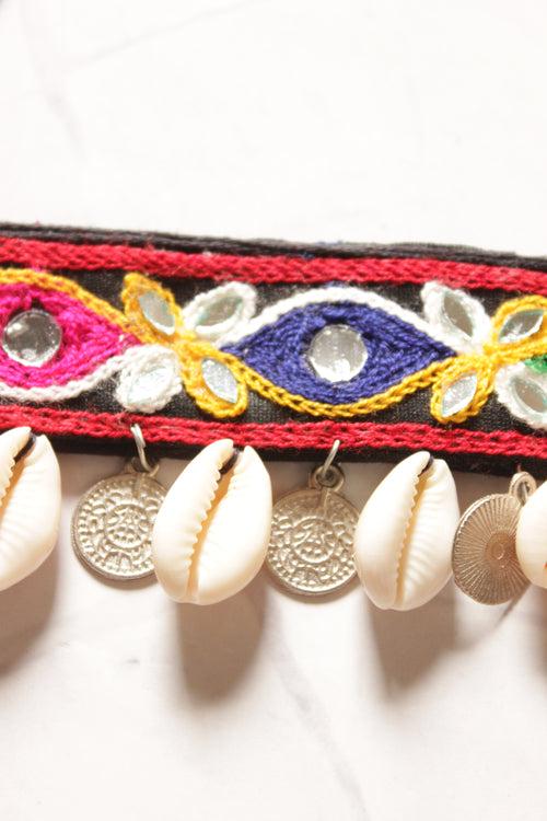 Hand Embroidered Fabric Choker Necklace Set with Shells and Coins