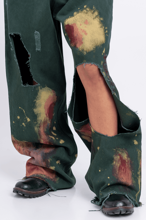 Huemn Blood Washed Wide Leg Ripped Denims (Emerald Green)