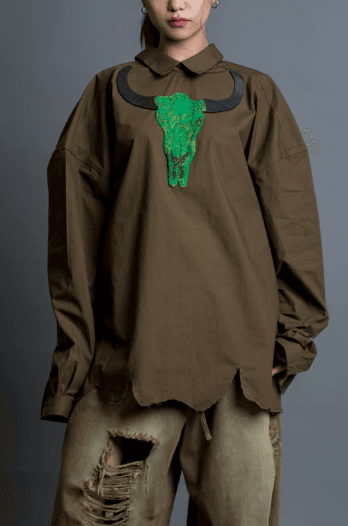 Handcrafted 'Skull' Shirt (Olive Brown)