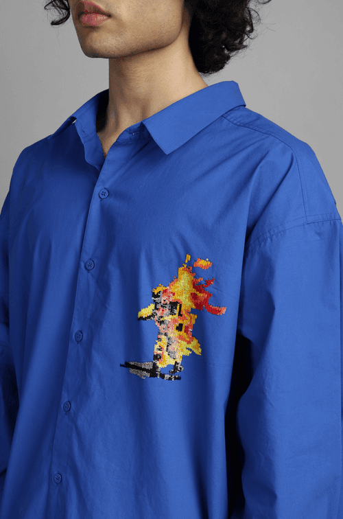 SuperHUEMN 'Sand' Handcrafted 'Burning Man' Darwyn Shirt (Blue)