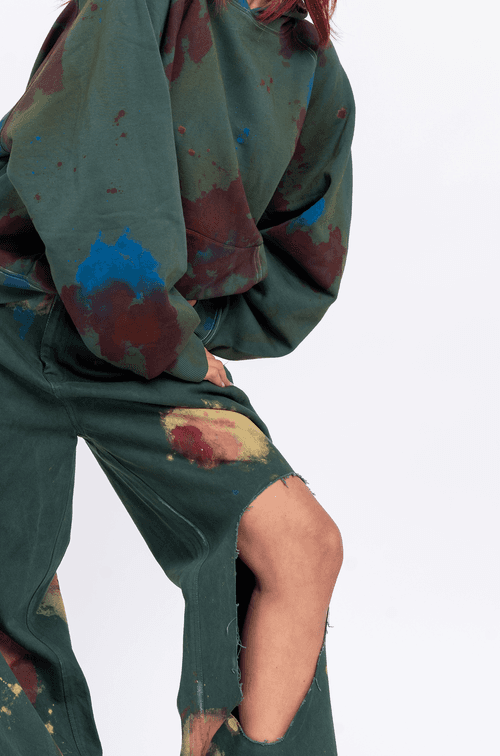 Huemn Blood Washed Wide Leg Ripped Denims (Emerald Green)