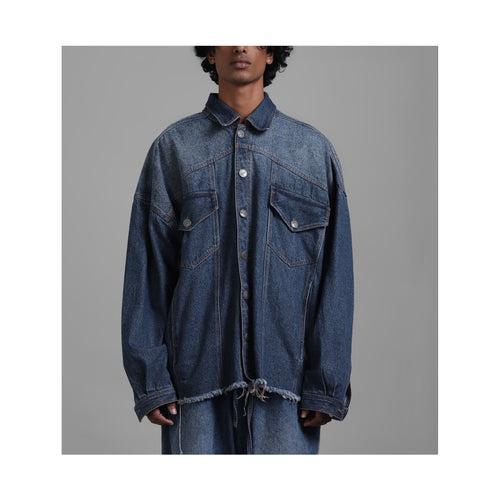 SuperHUEMN Dark Wash Faded Effect Classic Distressed Denim Jacket (Indigo)