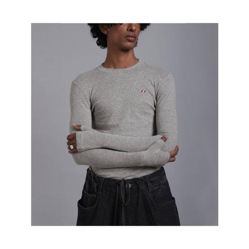 SuperHUEMN Striped Fitted Thumbhole T-shirt (Melange Grey)