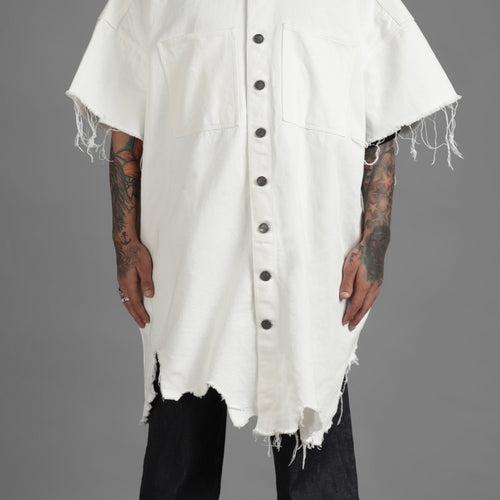 SuperHUEMN Denim Oversized Asymmetric Longline Shirt (White)