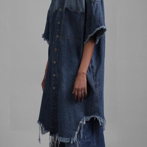 SuperHUEMN Dark Wash Denim Oversized Asymmetric Longline Shirt (Indigo)