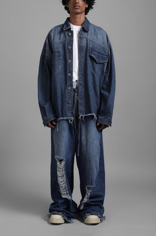 SuperHUEMN Dark Wash Faded Effect Classic Distressed Denim Jacket (Indigo)