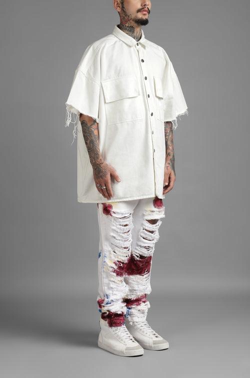 SuperHUEMN Denim Overshirt with Patched Pockets (White)