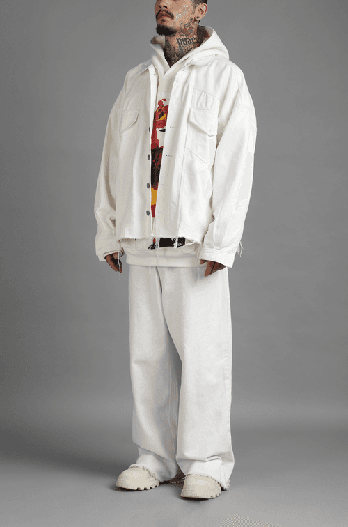 SuperHUEMN Classic Distressed Denim Jacket (White)