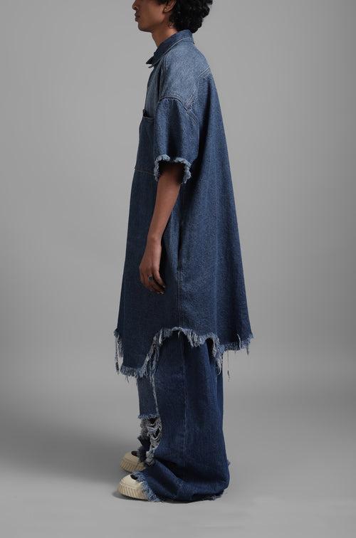 SuperHUEMN Dark Wash Denim Oversized Asymmetric Longline Shirt (Indigo)