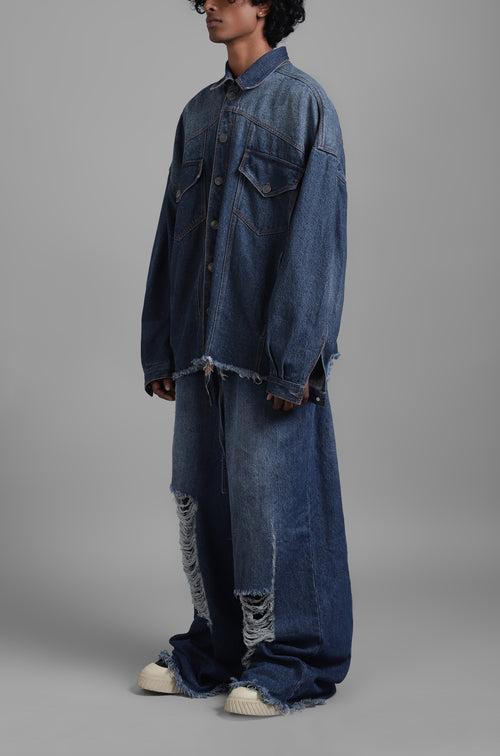 SuperHUEMN Dark Wash Faded Effect Classic Distressed Denim Jacket (Indigo)