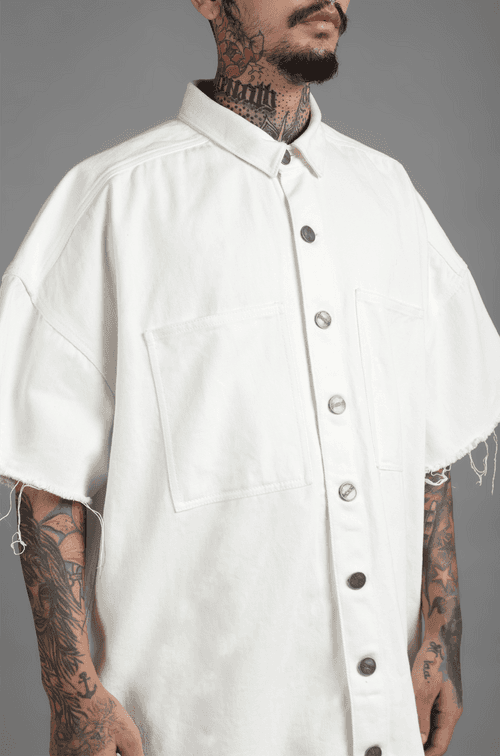 SuperHUEMN Denim Oversized Asymmetric Longline Shirt (White)