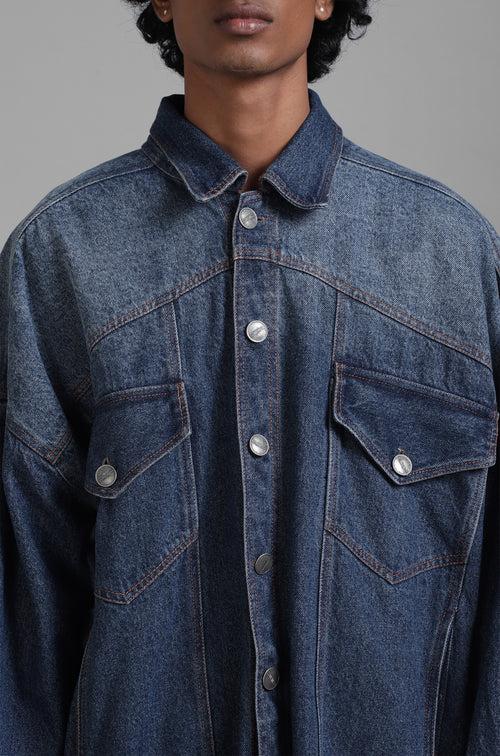 SuperHUEMN Dark Wash Faded Effect Classic Distressed Denim Jacket (Indigo)