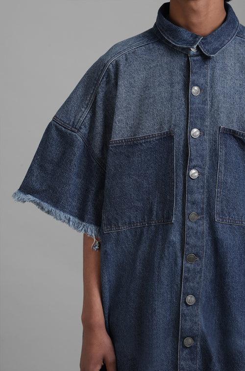 SuperHUEMN Dark Wash Denim Oversized Asymmetric Longline Shirt (Indigo)