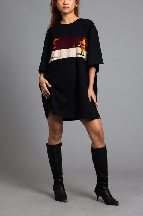 SuperHUEMN Handcrafted Twin 'Burning Man' Oversized Dress (Black)