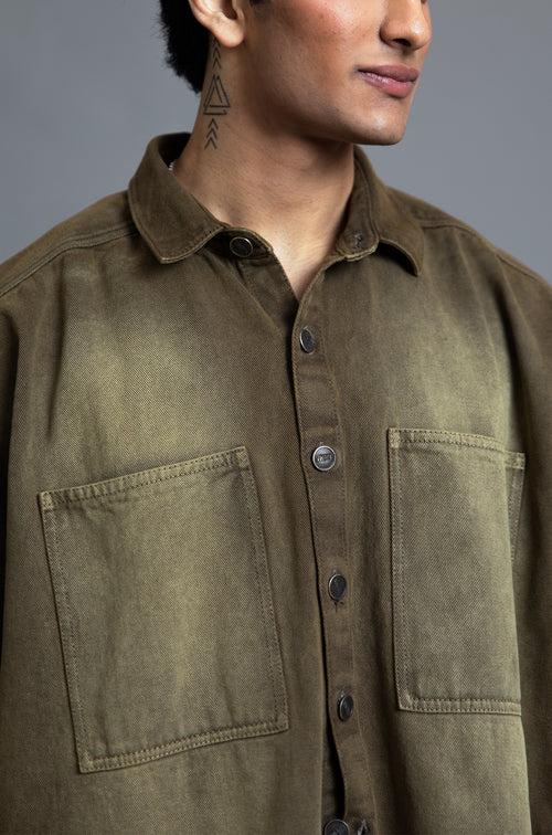 SuperHUEMN 'Sand' Washed Denim Overshirt (Olive Brown)