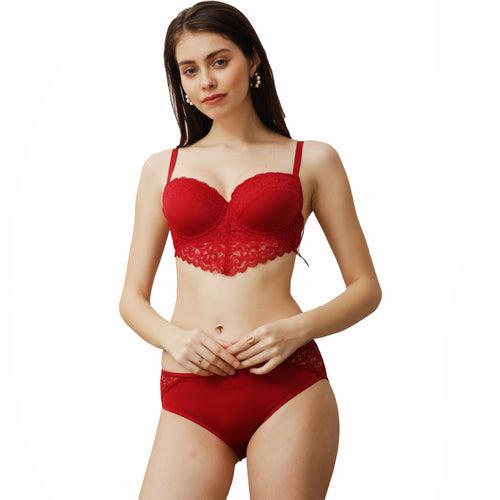 Semi/ Medium Coverage Wired Demi Cup Lace Bra with Brief