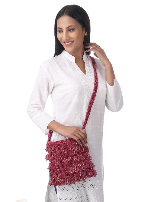 Burgundy Frilled Crochet Satchel