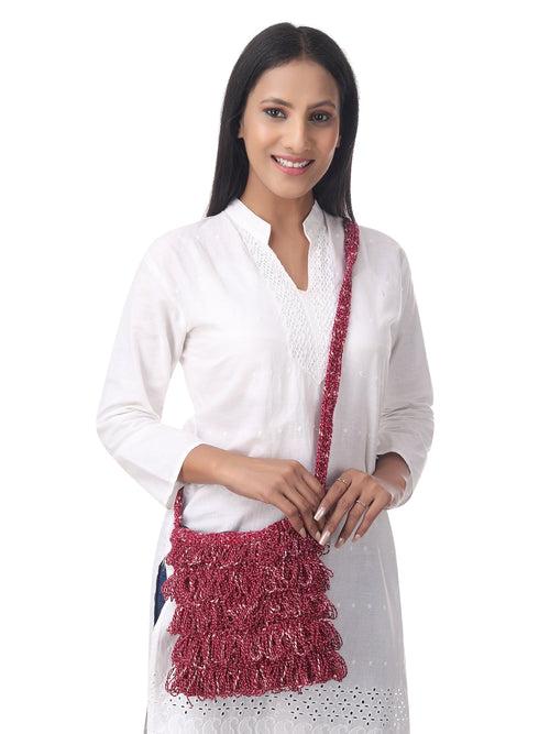 Burgundy Frilled Crochet Satchel