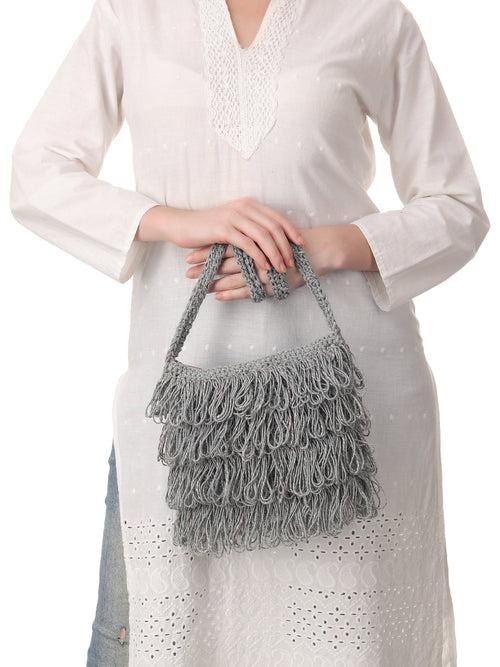 Gray Frilled Crochet Satchel