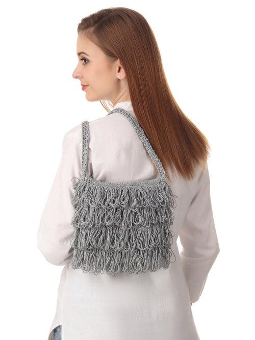 Gray Frilled Crochet Satchel