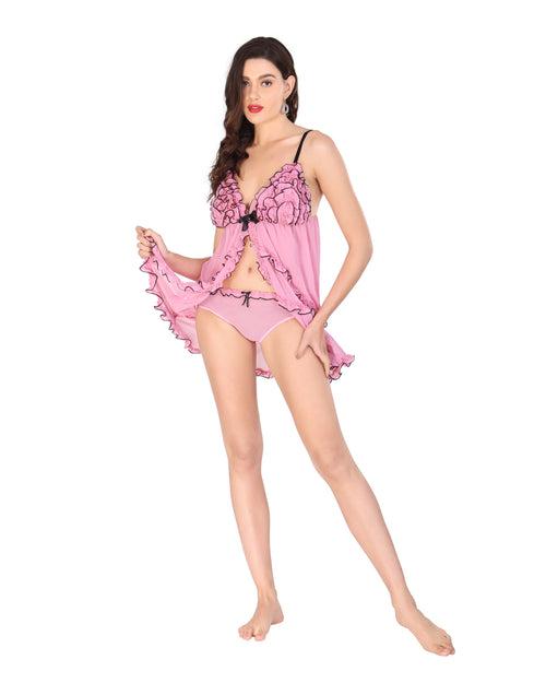 Pink Lace Net Sexy and Seductive Doll Nighty Set for women