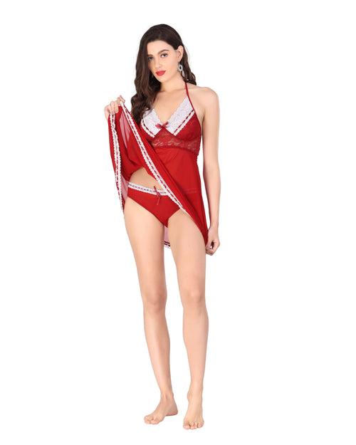 Red Back less Lace Net Glamorous Doll nighty Set for women