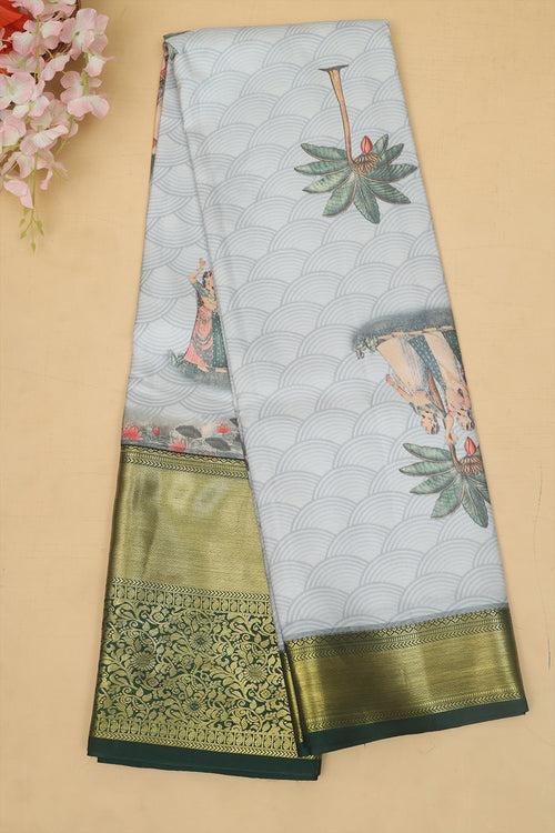 Milky white grey tropical Kalamkari silk saree