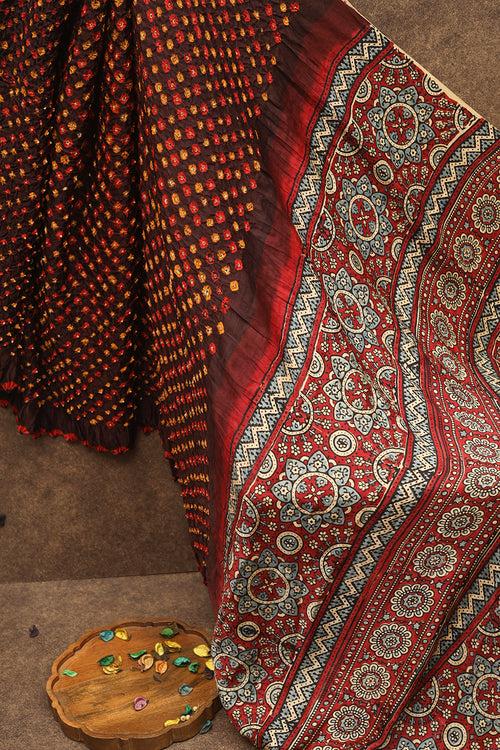 Wooden brown with multi colour ajrak bandhini saree