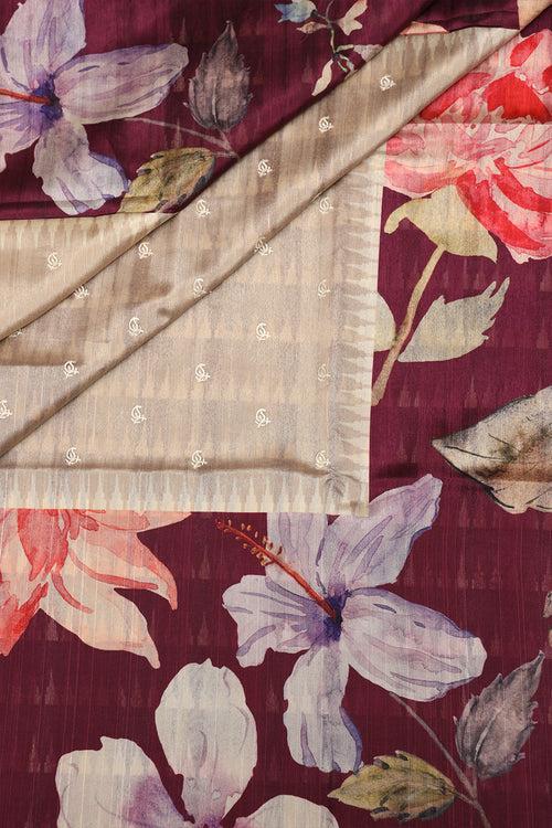 Sandal and maroon tussar silk saree