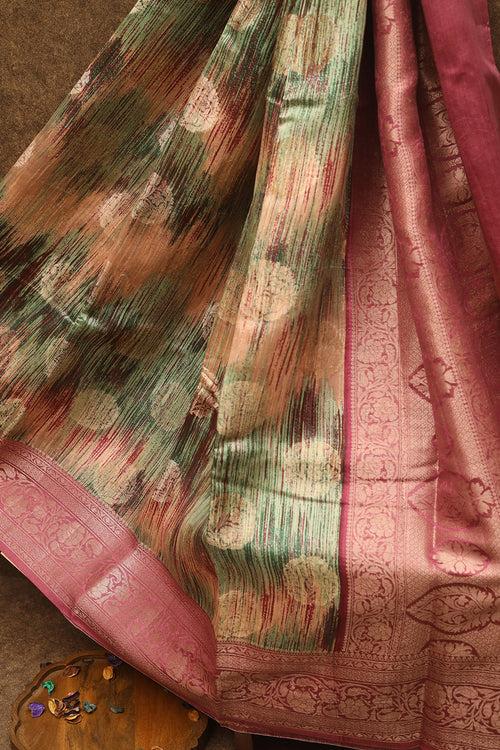 Cardamom green brush strokes raw silk saree