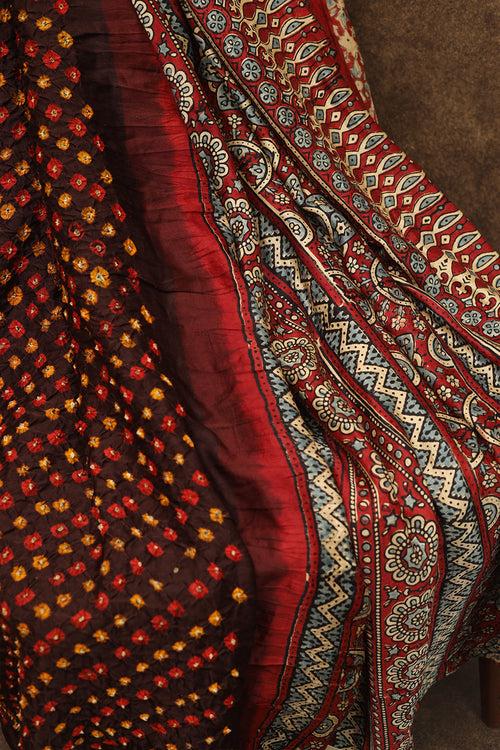 Wooden brown with multi colour ajrak bandhini saree