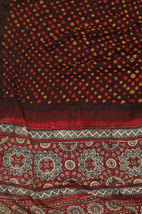 Wooden brown with multi colour ajrak bandhini saree