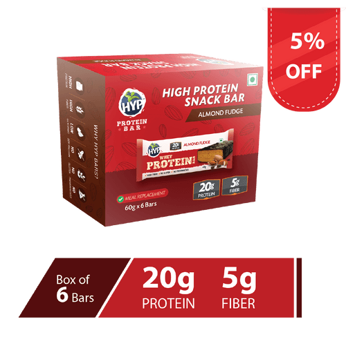 HYP Whey Protein Bar Pack of 6 (60g x 6) - Almond Fudge (Buy 1 Get 1)