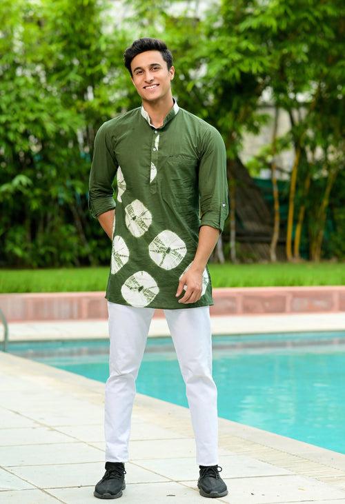 Green tie&Dye Party wear Couple Set ( 1 Dress , 1 Mens Short Kurta)