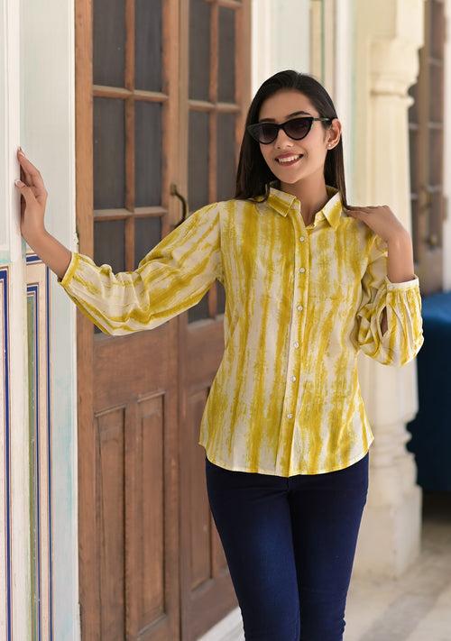 Yellow Shibhori Printed Couple Set ( 1 Women Shirt , 1 Mens Kurta)