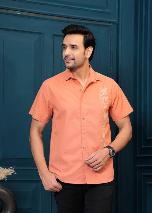 Orange Cotton Self Design Casual Shirt