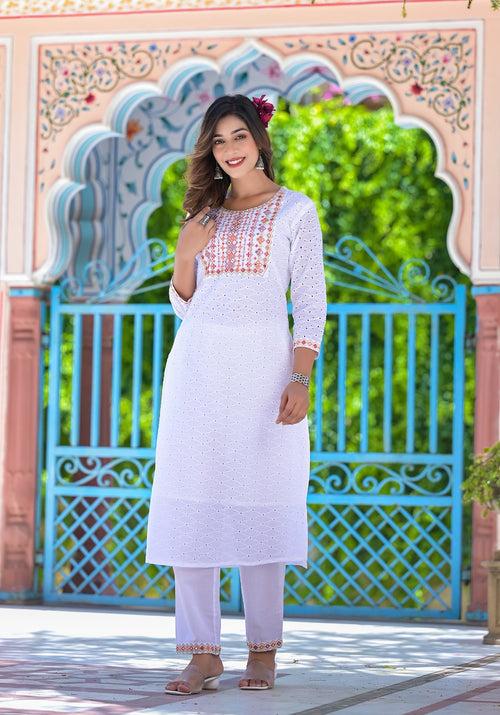 White Schfilli Straight Kurta pant set with Dupatta