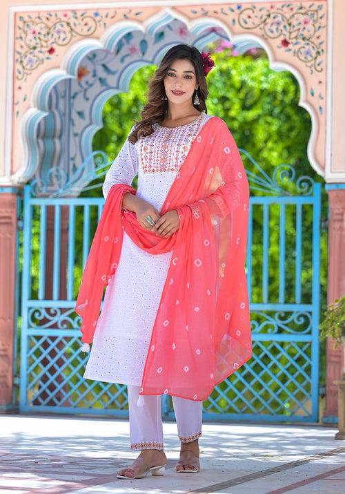 White Schfilli Straight Kurta pant set with Dupatta