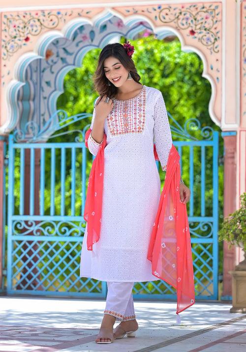 White Schfilli Straight Kurta pant set with Dupatta