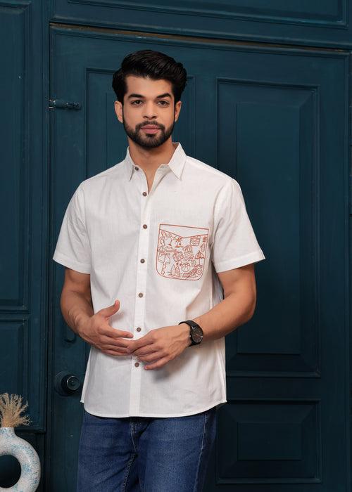 White Beach Design Embroiderd Cotton Shirt