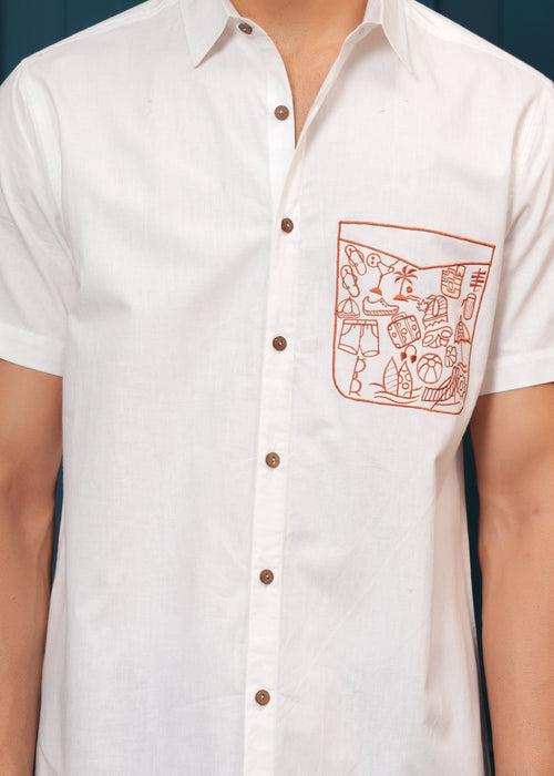 White Beach Design Embroiderd Cotton Shirt