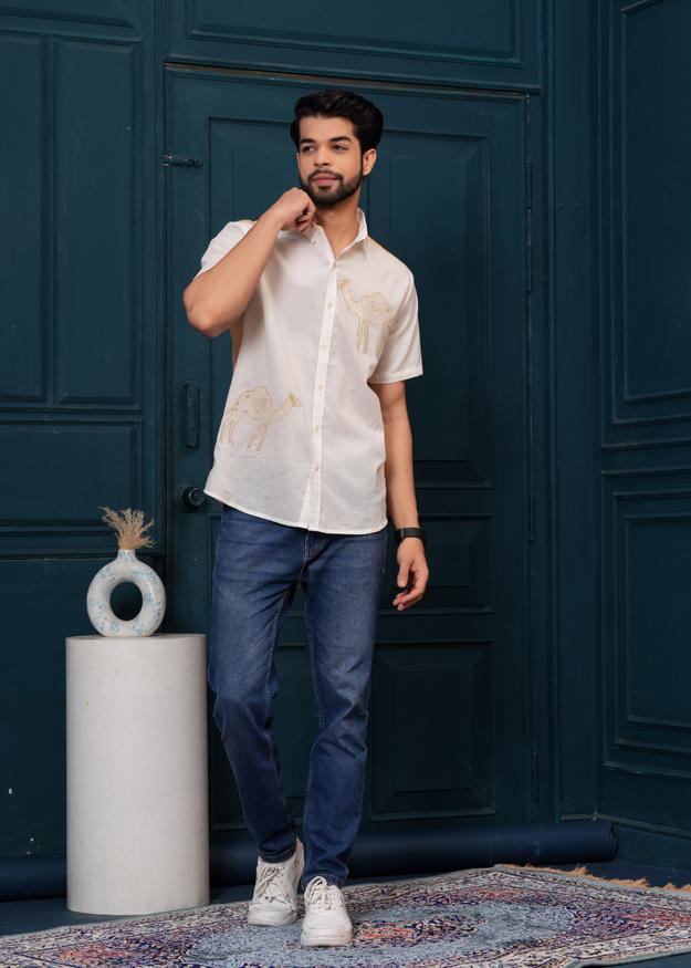 White & Musterd Camel Embroiderd Cotton Shirt