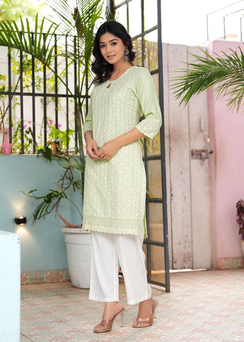 Hatheli's Women's Embroiderd Green Kurta