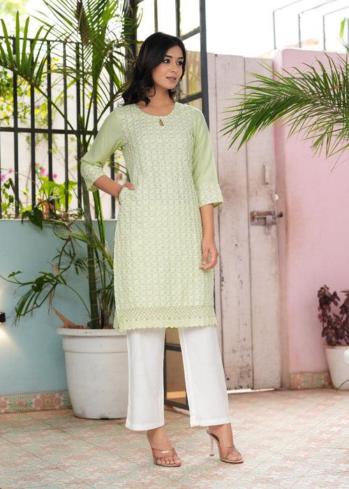 Hatheli's Women's Embroiderd Green Kurta